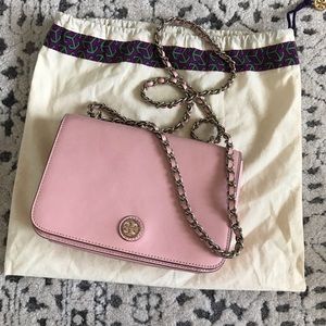 Tory Burch silver chain cross body pink purse